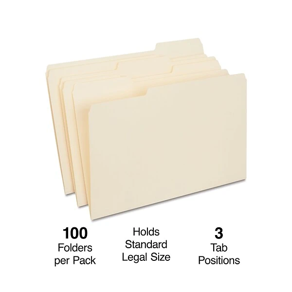 Quill Brand® File Folders, Assorted Tabs, 1/3-Cut , Legal Size, Manila, 100/Box (760137) 3 Quill Brand® File Folders, Assorted Tabs, 1/3-Cut , Legal Size, Manila, 100/Box (760137)