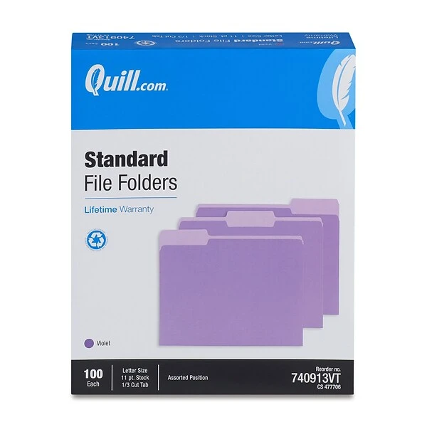 Quill Brand® File Folders, Assorted Tabs, 1/3-Cut, Letter Size, Violet, 100/Box (740913VT) 5 Quill Brand® File Folders, Assorted Tabs, 1/3-Cut, Letter Size, Violet, 100/Box (740913VT) - Image 3