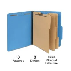 Quill Brand® 2/5-Cut Tab Pressboard Classification File Folders, 3-Partitions, 8-Fasteners, Letter, Blue, 15/Box (744026)
