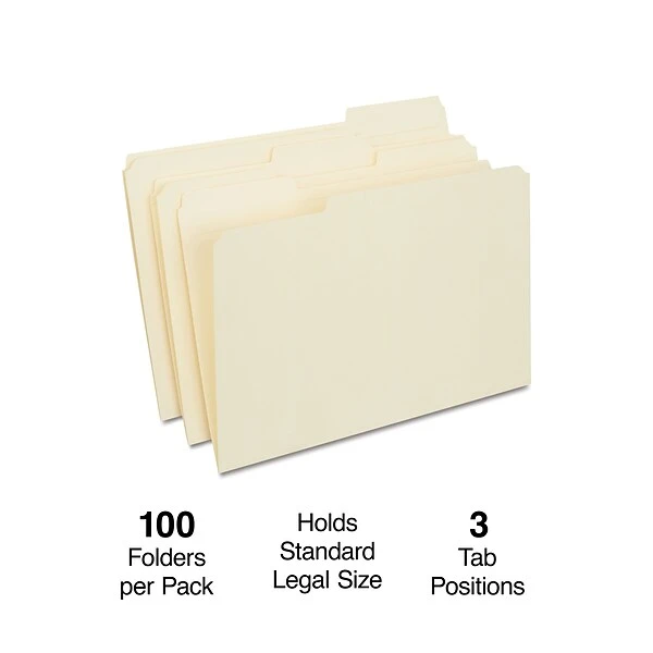 Quill Brand® 2-Ply File Folders, Assorted Tabs, 1/3-Cut, Legal Size, Manila, 100/Box (770137) 3 Quill Brand® 2-Ply File Folders, Assorted Tabs, 1/3-Cut, Legal Size, Manila, 100/Box (770137)