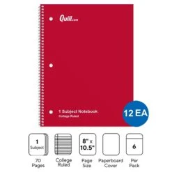 Quill Brand® 1-Subject Notebooks, 8" X 10.5", College Ruled, 70 Sheets, Assorted Colors, 12/Carton (TR58376)