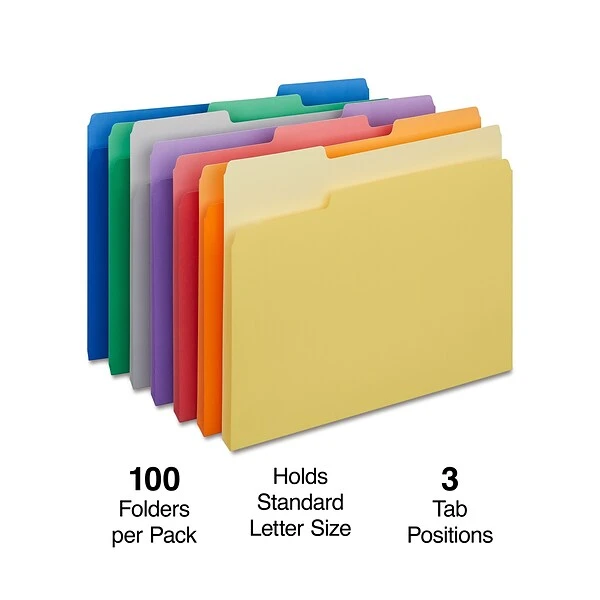 Quill Brand® File Folders, Assorted Tabs, 1/3-Cut, Letter Size, Assorted Colors, 100/Box (740913AD) 3 Quill Brand® File Folders, Assorted Tabs, 1/3-Cut, Letter Size, Assorted Colors, 100/Box (740913AD)