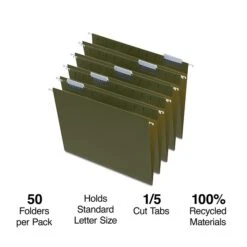 Quill Brand® 100% Recycled Hanging File Folders; 1/5-Cut Adjustable Tabs, Letter Size,Green, 50/Box (745215)