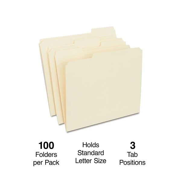 Quill Brand® Premium Reinforced File Folders, Assorted Tabs, 1/3-Cut, Letter Size, Manila, 100/Box (751137) 3 Quill Brand® Premium Reinforced File Folders, Assorted Tabs, 1/3-Cut, Letter Size, Manila, 100/Box (751137)