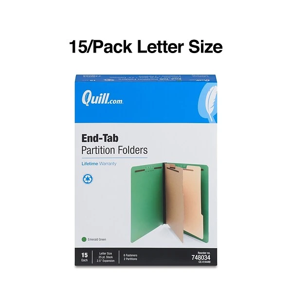 Quill Brand® End-Tab Partition Folders, 2 Partitions, 6 Fasteners, Emerald Green, Letter, 15/Box (748034) 3 Quill Brand® End-Tab Partition Folders, 2 Partitions, 6 Fasteners, Emerald Green, Letter, 15/Box (748034)