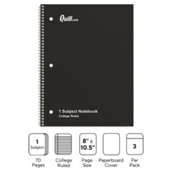 Quill Brand® 1-Subject Notebook, 8" X 10.5", College Ruled, 70 Sheets, Black, 3/Pack (TR58373)