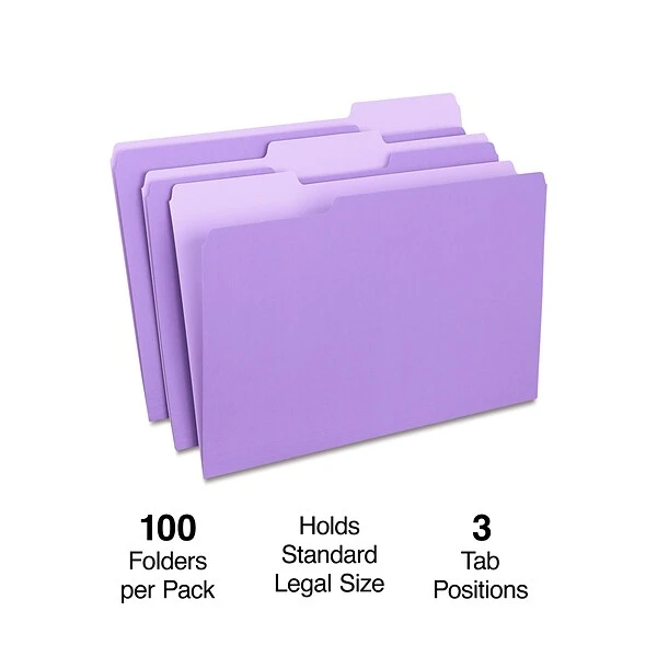 Quill Brand® File Folders, Assorted Tabs, 1/3-Cut, Legal, Violet, 100/Box (741013VT) 3 Quill Brand® File Folders, Assorted Tabs, 1/3-Cut, Legal, Violet, 100/Box (741013VT)