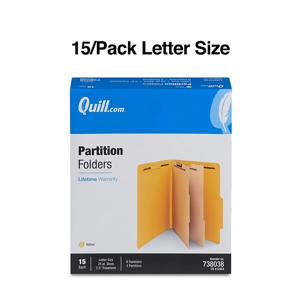 Quill Brand® 2/5-Cut Tab Pressboard Classification File Folders, 2-Partitions, 6-Fasteners, Letter, Yellow, 15/Box (738038) 4 Quill Brand® 2/5-Cut Tab Pressboard Classification File Folders, 2-Partitions, 6-Fasteners, Letter, Yellow, 15/Box (738038) - Image 2
