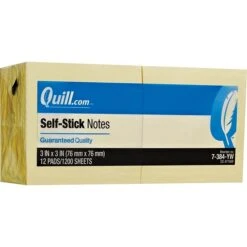 Quill Brand® Self Stick Notes, 3" X 3", Yellow, 100 Sheets/Pad, 12 Pads/Pack (7384YW)