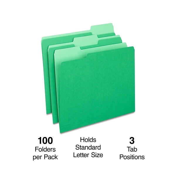 Quill Brand® File Folders, Assorted Tabs, 1/3-Cut, Letter Size, Green, 100/Box (740913BGR) 3 Quill Brand® File Folders, Assorted Tabs, 1/3-Cut, Letter Size, Green, 100/Box (740913BGR)