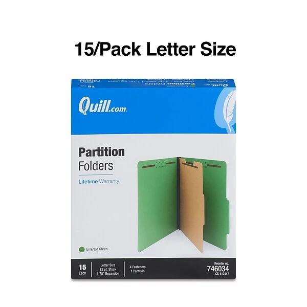 Quill Brand® 2/5-Cut Tab Pressboard Classification File Folders, 1-Partition, 4-Fasteners, Letter, Green, 15/Box (746034) 4 Quill Brand® 2/5-Cut Tab Pressboard Classification File Folders, 1-Partition, 4-Fasteners, Letter, Green, 15/Box (746034) - Image 2