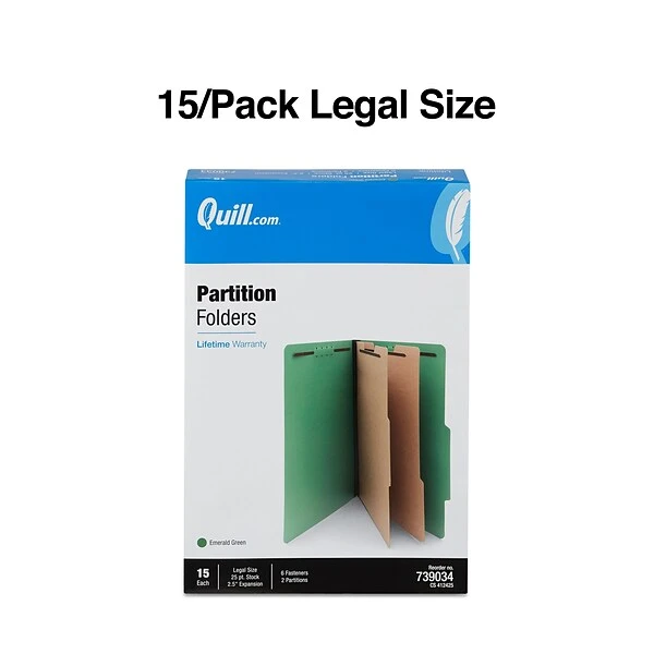 Quill Brand® 2/5-Cut Tab Pressboard Classification File Folders, 2-Partitions, 6-Fasteners, Legal, Green, 15/Box (739034) 4 Quill Brand® 2/5-Cut Tab Pressboard Classification File Folders, 2-Partitions, 6-Fasteners, Legal, Green, 15/Box (739034) - Image 2