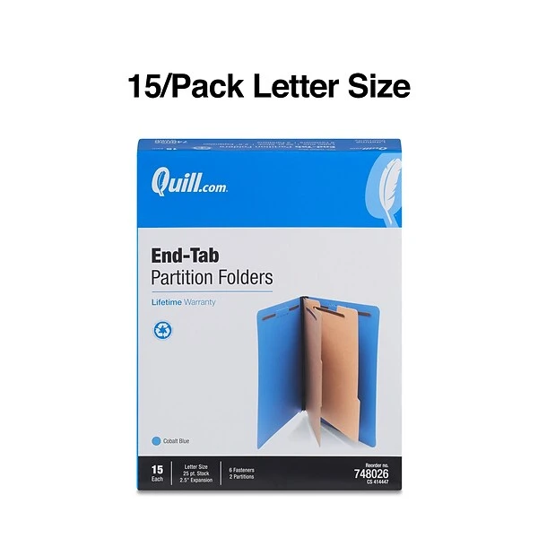 Quill Brand® End-Tab Partition Folders, 2 Partitions, 6 Fasteners, Cobalt Blue, Letter, 15/Box (748026) 3 Quill Brand® End-Tab Partition Folders, 2 Partitions, 6 Fasteners, Cobalt Blue, Letter, 15/Box (748026)