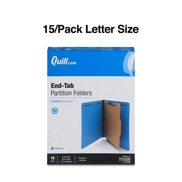 Quill Brand® End-Tab Partition Folders, 1 Partition, 4 Fasteners, Cobalt Blue, Letter, 15/Box (751026) 4 Quill Brand® End-Tab Partition Folders, 1 Partition, 4 Fasteners, Cobalt Blue, Letter, 15/Box (751026) - Image 2