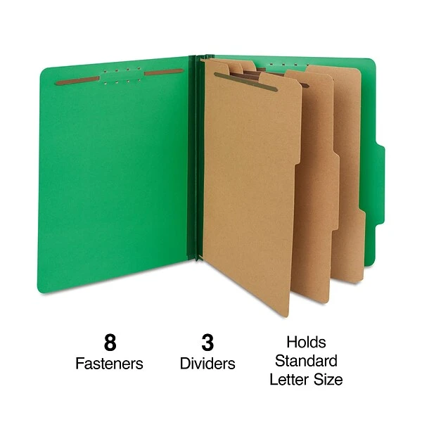 Quill Brand® 2/5-Cut Tab Pressboard Classification File Folders, 3-Partitions, 8-Fasteners, Letter, Green, 15/Box (7-44034) 3 Quill Brand® 2/5-Cut Tab Pressboard Classification File Folders, 3-Partitions, 8-Fasteners, Letter, Green, 15/Box (7-44034)