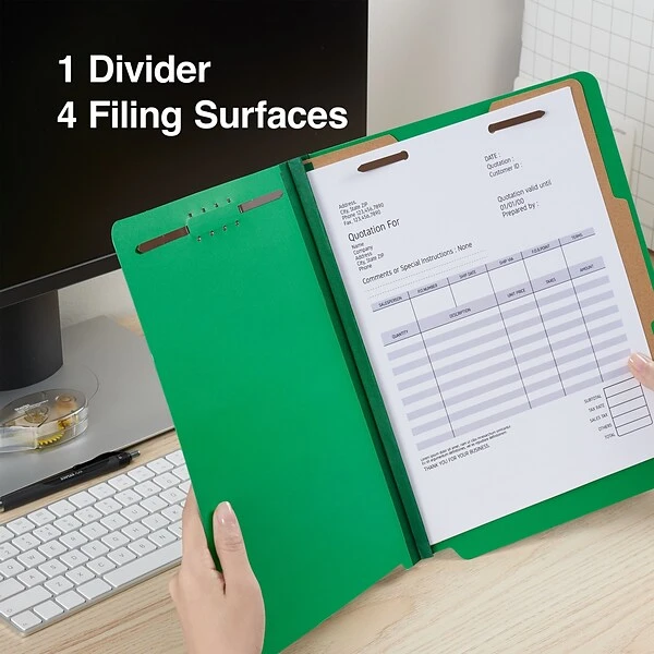 Quill Brand® 2/5-Cut Tab Pressboard Classification File Folders, 1-Partition, 4-Fasteners, Letter, Green, 15/Box (746034) 6 Quill Brand® 2/5-Cut Tab Pressboard Classification File Folders, 1-Partition, 4-Fasteners, Letter, Green, 15/Box (746034) - Image 4