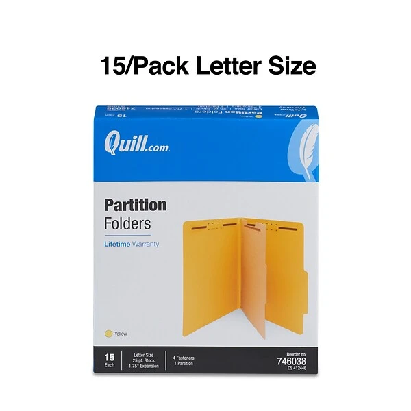 Quill Brand® 2/5-Cut Tab Pressboard Classification File Folders, 1-Partition, 4-Fasteners, Letter, Yellow, 15/Box (746038) 4 Quill Brand® 2/5-Cut Tab Pressboard Classification File Folders, 1-Partition, 4-Fasteners, Letter, Yellow, 15/Box (746038) - Image 2
