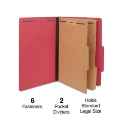 Quill Brand® 2/5-Cut Pressboard Classification Folders With Pockets, 2-Partitions, 6-Fasteners, Legal, Red, 15/Box (737030)