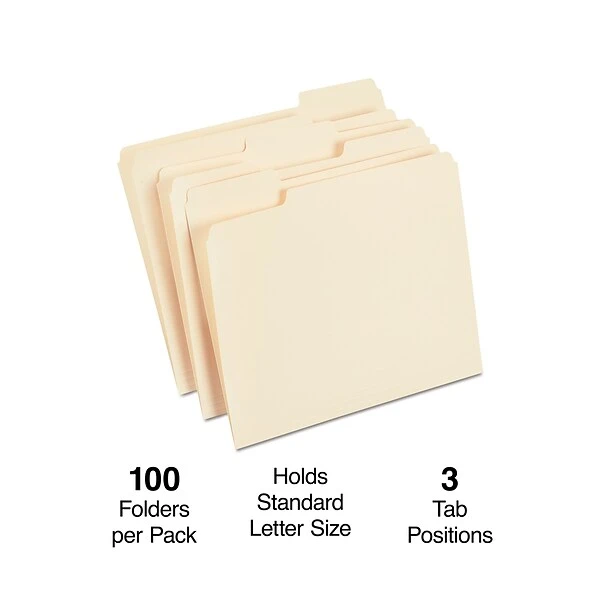 Quill Brand® File Folders, 1/3-Cut Assorted, Letter Size, Manila, 100/Box (740137) 3 Quill Brand® File Folders, 1/3-Cut Assorted, Letter Size, Manila, 100/Box (740137)