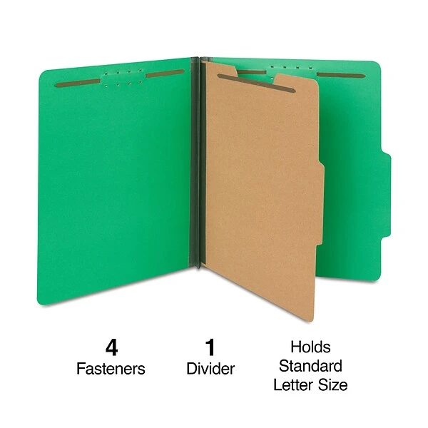 Quill Brand® 2/5-Cut Tab Pressboard Classification File Folders, 1-Partition, 4-Fasteners, Letter, Green, 15/Box (746034) 3 Quill Brand® 2/5-Cut Tab Pressboard Classification File Folders, 1-Partition, 4-Fasteners, Letter, Green, 15/Box (746034)