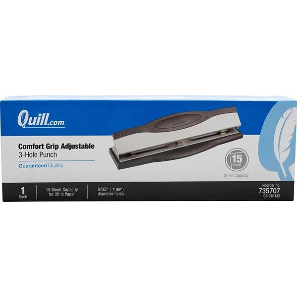 Quill Brand® 3-Hole Punch, 15 Sheet Capacity, Silver/Black (35707-QCC) 3 Quill Brand® 3-Hole Punch, 15 Sheet Capacity, Silver/Black (35707-QCC)