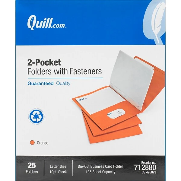 Quill Brand® 2-Pocket Folders With Fasteners, Orange, 25/Box (712880) 3 Quill Brand® 2-Pocket Folders With Fasteners, Orange, 25/Box (712880)