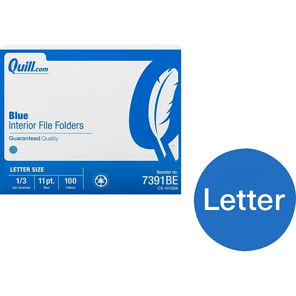 Quill Brand® Interior File Folders, 1/3-Cut, Letter Size, Blue, 100/Box (7391BE) 3 Quill Brand® Interior File Folders, 1/3-Cut, Letter Size, Blue, 100/Box (7391BE)