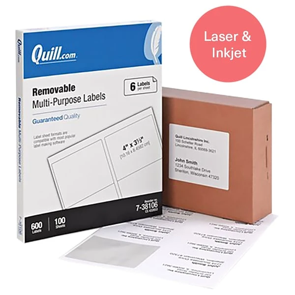 Quill Brand® Removable Laser/Inkjet Labels, 3-1/3" X 4", White, 600 Labels (Compare To Avery 6464) 3 Quill Brand® Removable Laser/Inkjet Labels, 3-1/3" X 4", White, 600 Labels (Compare To Avery 6464)
