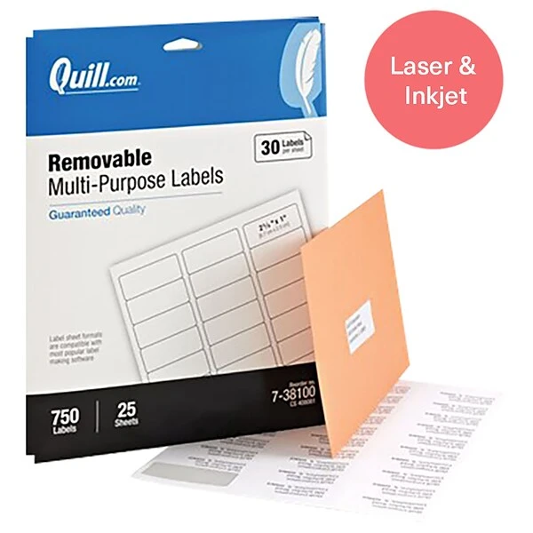 Quill Brand® Removable Laser/Inkjet Labels, 1" X 2-5/8", White, 750 Labels (Compare To Avery 6460) 3 Quill Brand® Removable Laser/Inkjet Labels, 1" X 2-5/8", White, 750 Labels (Compare To Avery 6460)