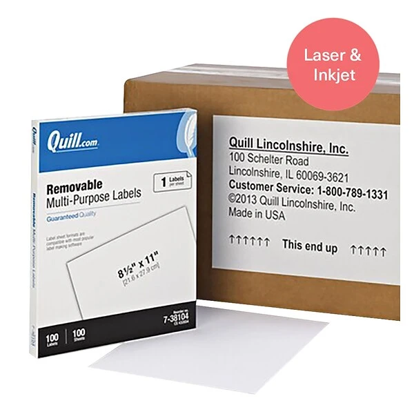 Quill Brand® Removable Laser/Inkjet Labels, 8-1/2" X 11", White, 100 Labels (Compare To Avery 6465) 3 Quill Brand® Removable Laser/Inkjet Labels, 8-1/2" X 11", White, 100 Labels (Compare To Avery 6465)