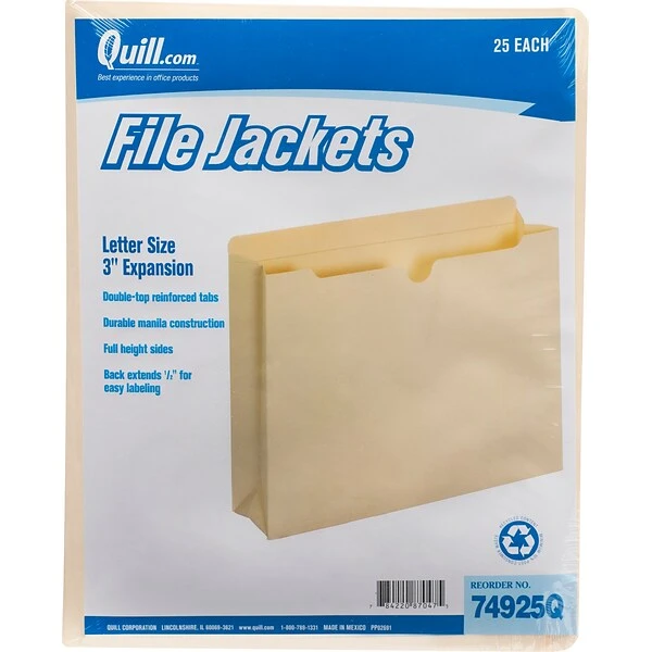 Quill Brand® File Jacket, 3" Expansion, Letter Size, Manila, 25/Pack (74925Q) 3 Quill Brand® File Jacket, 3" Expansion, Letter Size, Manila, 25/Pack (74925Q)