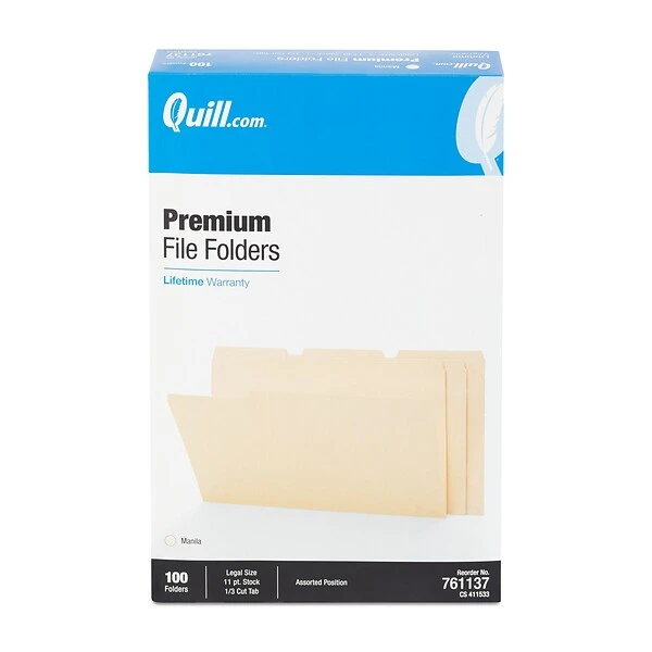 Quill Brand® Premium File Folders, Assorted Tabs, 1/3-Cut, Legal Size, Manila, 100/Box (761137) 4 Quill Brand® Premium File Folders, Assorted Tabs, 1/3-Cut, Legal Size, Manila, 100/Box (761137) - Image 2